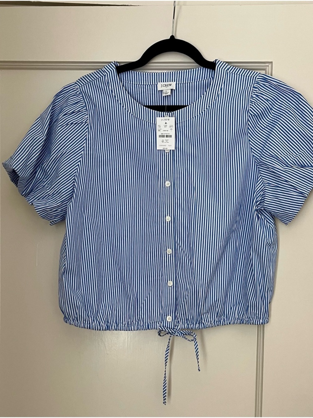 NWT J. Crew Blue and White Striped Button-Front Tie-Hem Top